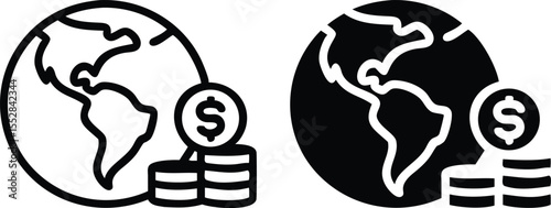 Minimalist Global Finance Icon – Monochrome Globe with Dollar Coins and Bill Vector Illustration