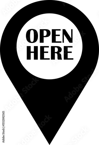 Open here icon vector flat style. Open here sticker with text and directional arrow for package design. Special tag on box. Guidance or opening instruction isolated on transparent background.