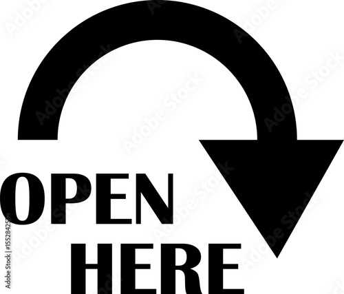 Open here icon vector flat style. Open here sticker with text and directional arrow for package design. Special tag on box. Guidance or opening instruction isolated on transparent background.