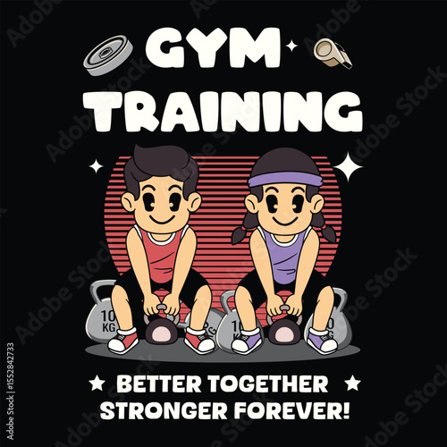 A cute boy and girl lifting kettlebells together cartoon illustration. Promoting teamwork, strength, and fitness motivation