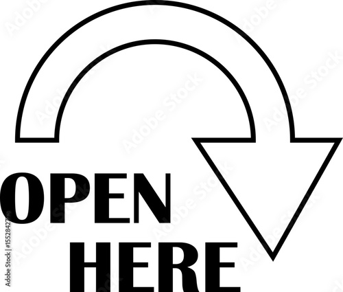Open here icon vector line style. Open here sticker with text and directional arrow for package design. Special tag on box. Guidance or opening instruction isolated on transparent background.