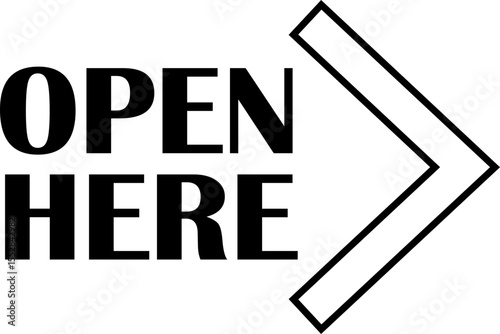 Open here icon vector line style. Open here sticker with text and directional arrow for package design. Special tag on box. Guidance or opening instruction isolated on transparent background.