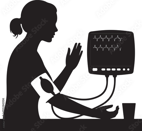 Silhouette of Woman Checking Blood Pressure with Monitor in Medical Setting