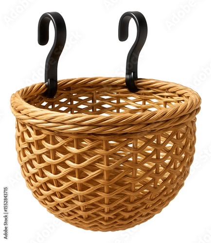 Hanging wicker basket for a balcony, featuring a natural weave pattern and perfect for displaying cascading plants.