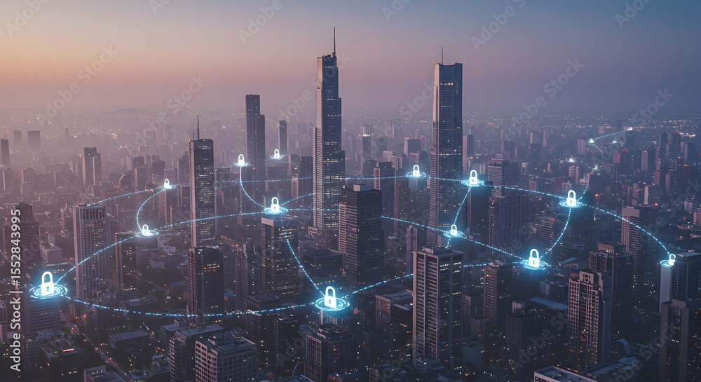 Fototapeta premium Illuminated Padlock Network Connecting Skyscrapers in a Modern Cityscape at Dusk