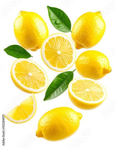 Fresh whole and sliced lemon fruits with green leaves isolated on transparent background featuring multiple flying lemon pieces