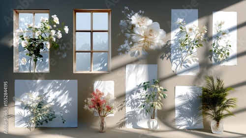 Floral arrangements with window shadows on display panels for product showcases, presentations, and visual marketing.