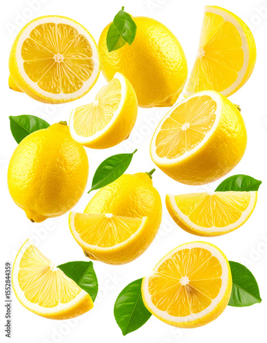 Fresh whole and sliced lemon fruits with green leaves isolated on transparent background featuring multiple flying lemon pieces