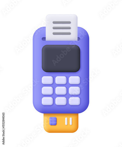 Payment terminal, POS terminal with a credit card and receipt on top. Finance, business, transactions, digital payments and e-commerce concept. 3d vector icon. Cartoon minimal style.
