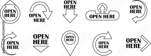Open here icons vectors set line styles. Open here sticker with text and directional arrows for package designs. Special tag on box. Guidance or opening instruction isolated on transparent background.
