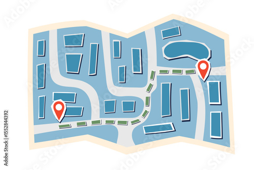 Street map of city and travel destination pins in flat style. Concept of travel, destination, location, route. Vector clipart isolated.