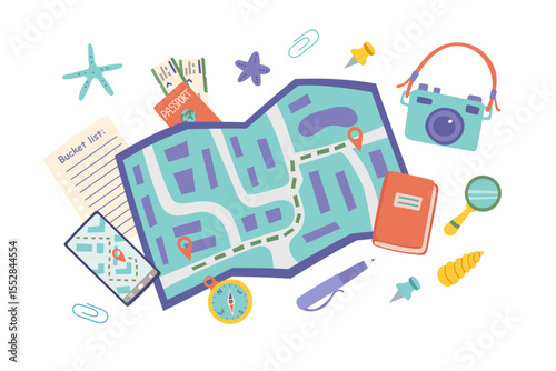 Travel banner. City map with travel dectinations and travel object around isolated on white. Concept of planning journey, travel destinations, vacation. Vector flat background.
