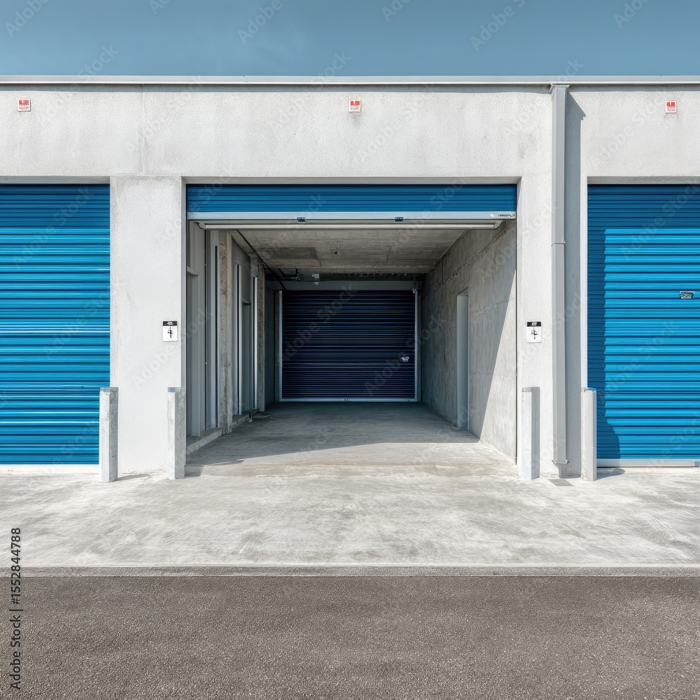 Fototapeta premium Three blue-doored storage units, concrete building, bright sunlight, open center unit revealing a dark interior, clean asphalt foreground