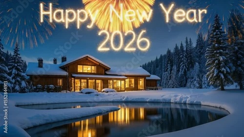 Luxurious Winter Home New Years Eve 2026 Celebration Sparkling Fireworks Festive Season Holiday Cheer Cozy Cabin Lakeside Retreat Snow Covered Trees Tranquil Atmosphere Romantic