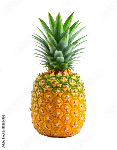 Closeup of whole pineapple displaying textured skin and green crown isolated on transparent background in studio lighting environment