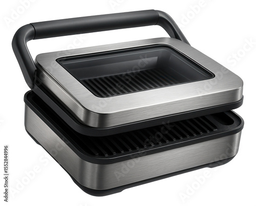 A compact electric grill with non-stick plates, perfect for easy use on an apartment balcony.