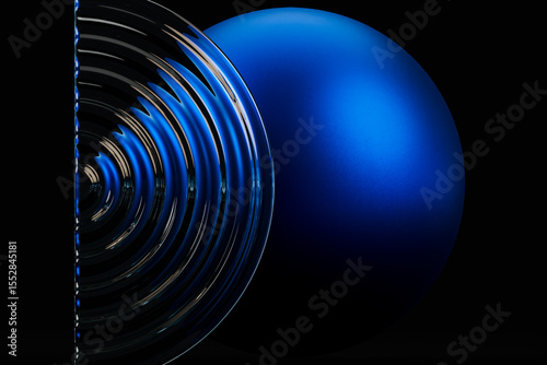 Abstract composition with a blue sphere and fluted glass on a dark background photo