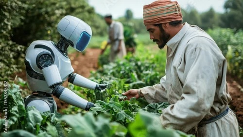 Futuristic robot and farmer harvesting fresh green vegetables in vibrant agricultural field showcasing teamwork and innovation in agriculture field