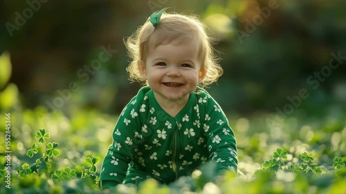 Smiling baby toddler outdoors green clover field wearing green outfit with white clover patterns and matching hair clip enjoying nature and bright