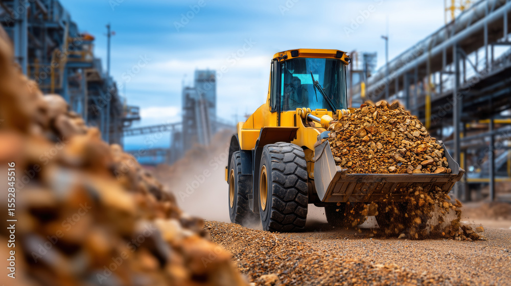 Fototapeta premium Heavy Equipment Loader Operating in Industrial Quarry with Gravel and Dust in Motion Under a Blue Sky