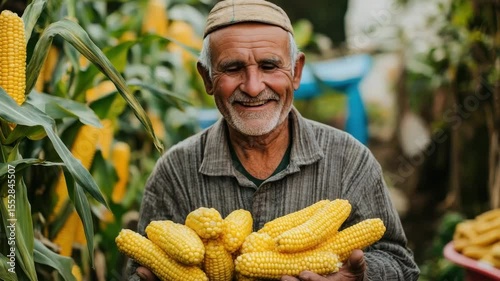 Smiling elderly man farmer holding fresh yellow corn cobs in lush green cornfield, enjoying successful harvest outdoor with pride in agriculture