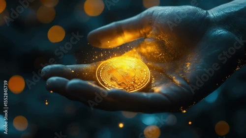 Glowing golden coin held in hand with sparkling light and digital particles, symbolizing currency, spark, and futuristic finance innovation