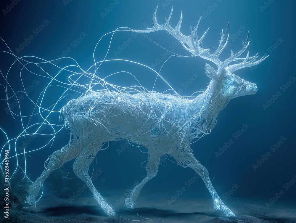 Fototapeta premium Ethereal deer composed of luminous strands is gracefully moving through a mystical underwater environment, surrounded by glowing particles, embodying a sense of magic and tranquility