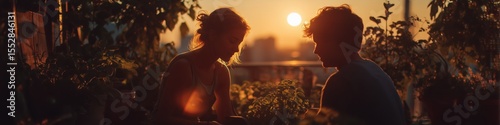 Couple tending to plants in rooftop garden at sunset