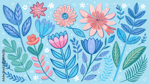 Sky blue pastel crayon flower set features hand drawn plants and leaves. This chalk-textured spring floral background creates a sweet kid-friendly doodle for every nature-loving child’s dream garden .
