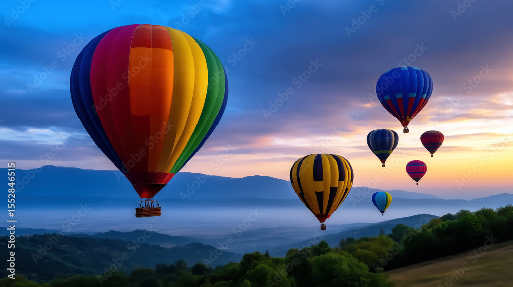 Naklejka premium Colorful Hot Air Balloons Soaring Over Scenic Mountain Landscape at Sunrise, Creating a Captivating Visual Experience in Open Sky