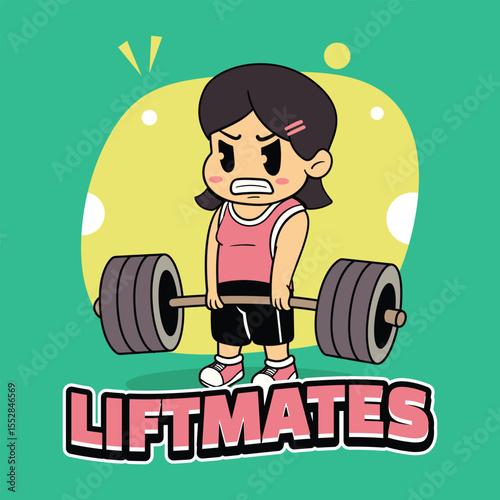 A Cute girl athlete deadlifting a heavy barbell for fitness and muscle building in a retro cartoon character mascot illustration