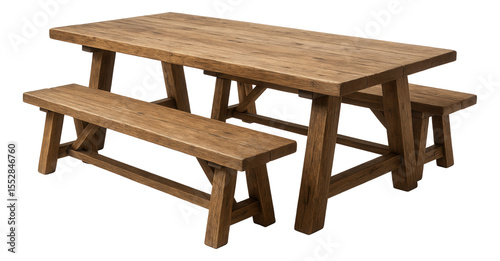 A rustic outdoor kitchen setup with a reclaimed wood table and benches for a country cottage.
