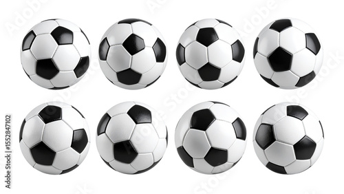 Collection of eight soccer balls displayed in various sizes and angles, featuring classic transparent and white panel design, isolated on a transparent background.
