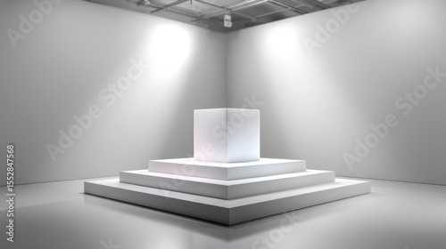 Minimalist cube display on steps in a gallery setting for product showcase and presentation use cases