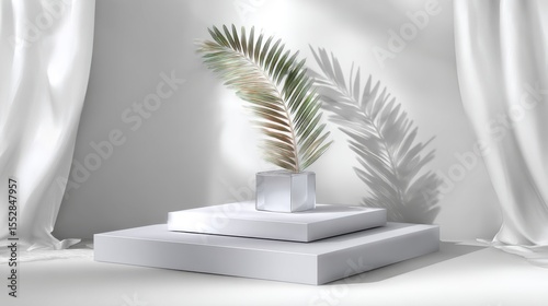 Palm leaf on a podium with curtain, product display and presentation use