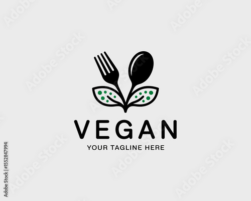 Vegan Logo with Fork, Spoon, and Leaves