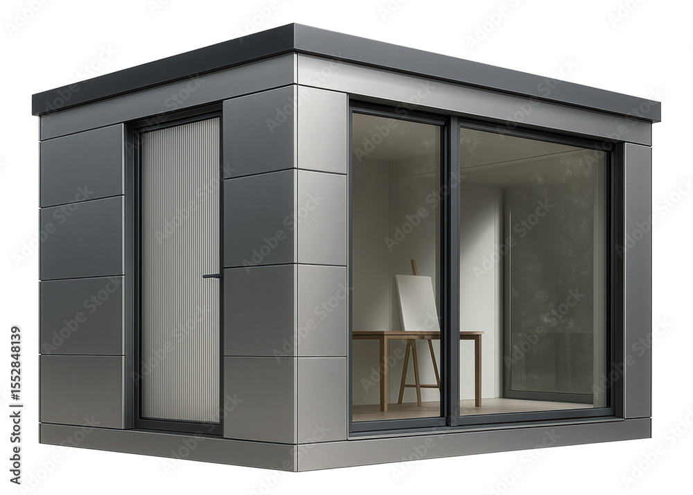 Fototapeta premium Prefabricated studio with a sleek design, serving as an artist's workspace in a garden setting.