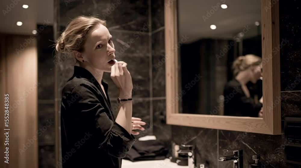Woman brushing her teeth in a bathroom with a mirror and black marble walls and a white sink area Woman brushing her teeth in a bathroom with a mirror and black marble walls and a white sink area