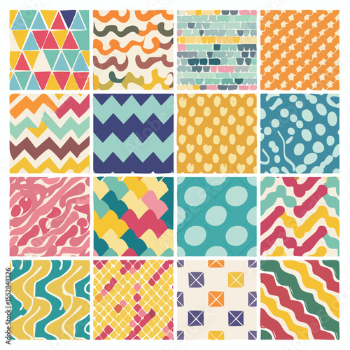 Sixteen abstract geometric and organic patterns in various colors background