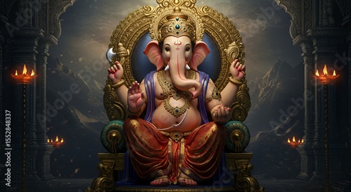 Lord Ganesha Sitting on Ornate Throne with Divine Aura
