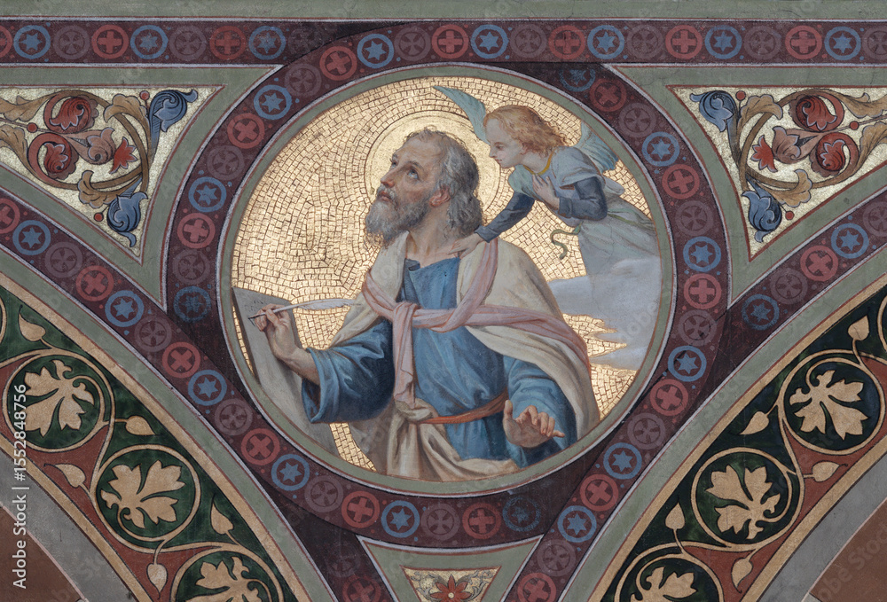 Obraz premium BOBBIO, ITALY - MAY 20, 2025: The fresco of St. Matthew the Evangelist in Cathedral (Santa Maria Assunta) by Luigi Morgari from end of 19. cent. 