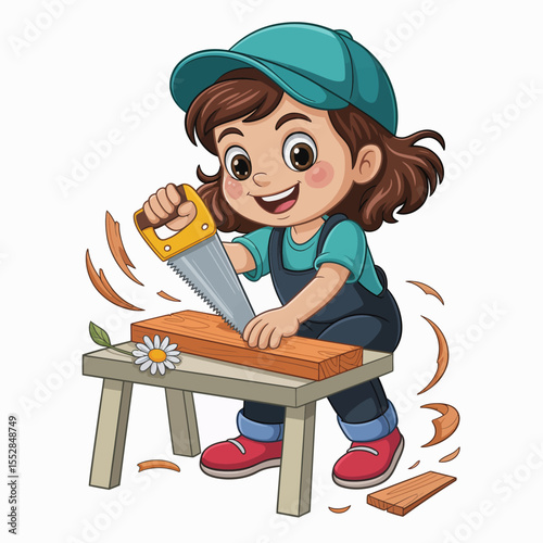 Girl Using Saw to Cut Wood