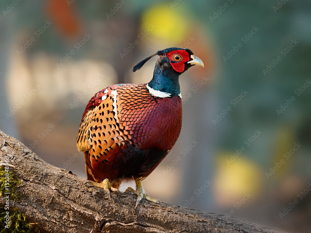 Fototapeta premium Exotic bird photography featuring a pheasant with red, green, and blue feathers.