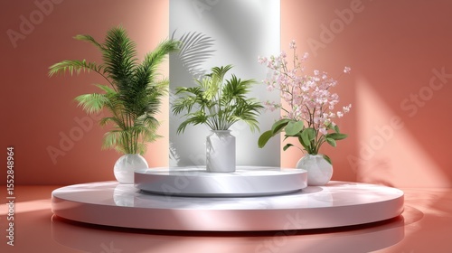 Plants on a podium with light for product showcase, promotion, advertising, and presentation.