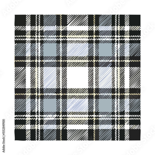Black white grey blue and beige plaid pattern with textured lines tartan fabric