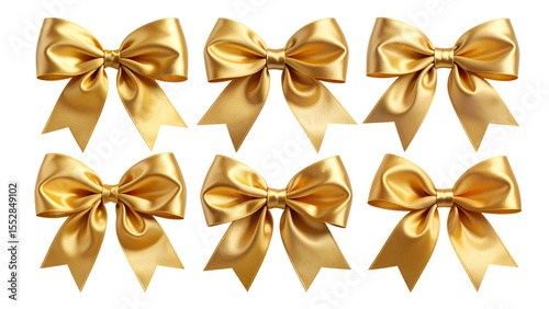 Collection of eight golden satin bows in various styles and sizes isolated on a transparent background for decorative use and graphic design projects
