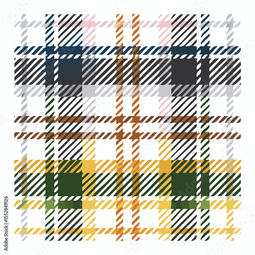 Multi colored plaid pattern with diagonal stripes and white background tartan textile