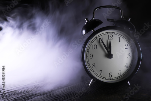 Vintage Alarm Clock with Bell, Showing Five to Twelve in a Foggy Atmosphere on a Dark Wooden Surface
