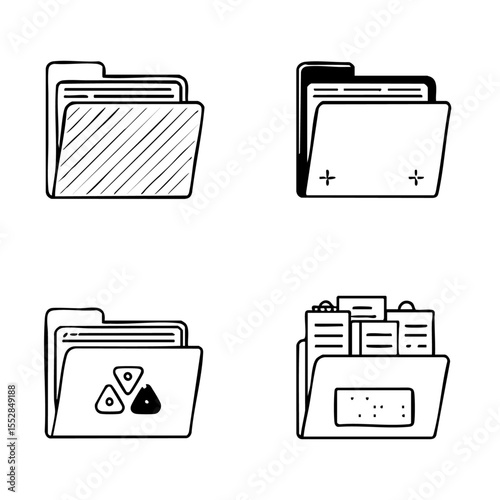 File Folder Icon Set – Line, Solid, Outline, and Filled Styles – Office Document & Data Storage Symbols