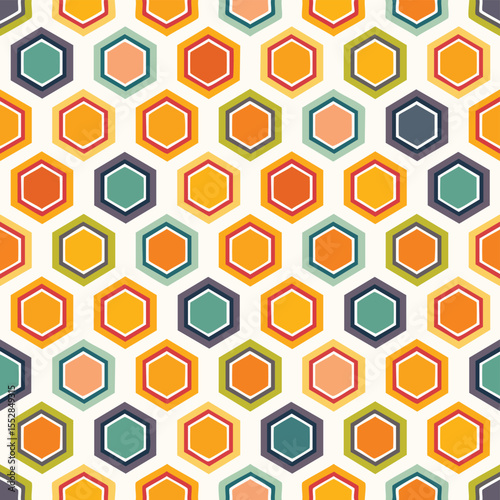 Retro geometric honeycomb pattern with colorful hexagons and white outlines vintage